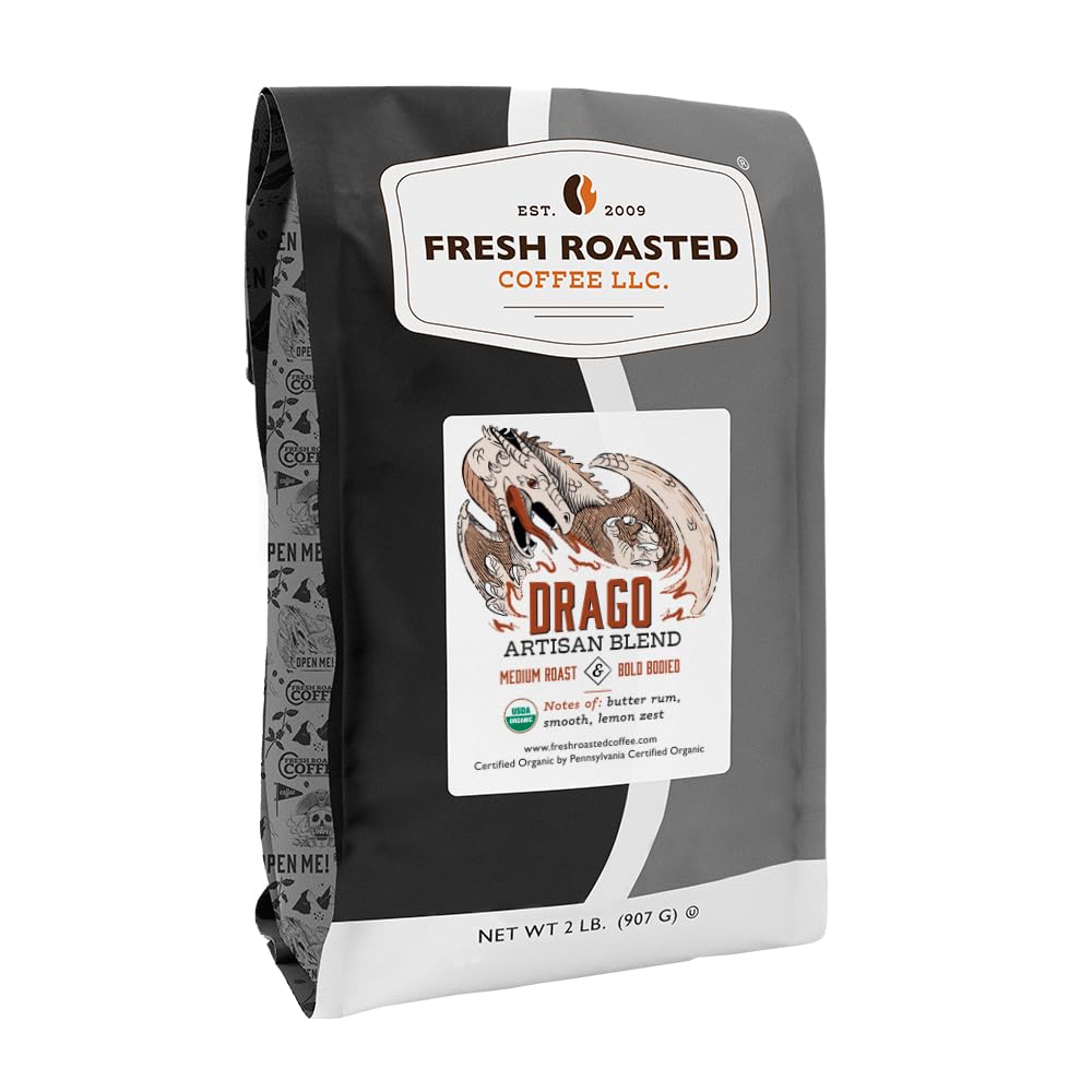 Fresh Roasted Coffee, Organic Drago Café Blend | USDA Organic, Kosher | Medium Roast 2 lb (32 oz) Whole Bean