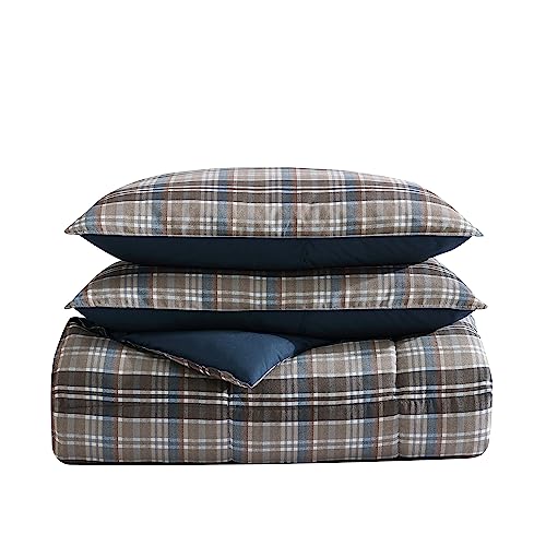 Image of Eddie Bauer- Twin Duvet Cover Set, Reversible Microsuede Bedding Set with Matching Sham, Dorm Essentials (Rugged Plaid Brown)