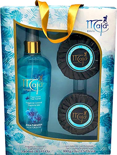 MYRURGIA MAJA AQUA TURQUESA BODY SPLASH + 2 JABONES SET REGALO