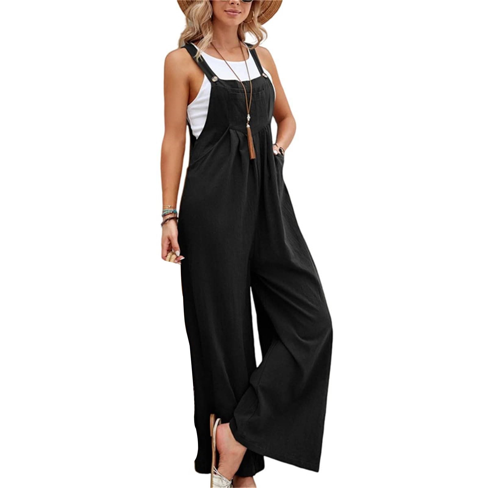 Kubbon Womens Wide Leg Jumpsuits Sleeveless Straps Bib Overalls Summer Baggy Casual Pants Rompers Overalls with Pockets