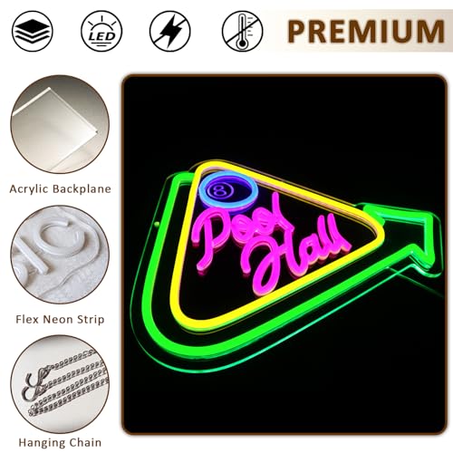 Image of Pool Hall Neon Sign for Wall Decor, Billiards Led Signs for Business, USB Dimmable 15.3 inch x 12.6 inch Neon Lights for Game Room Billiards Hall Garage Bar Club Man Cave Arcade Wall Art