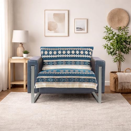 Image of Elegant Woven Turquoise Sofa Cover - Soft Chenille Traditional Pattern with Lace Style | L-Shape Sectional Seat Protector for Living Room | Durable & Stylish Slipcover 1 Seater