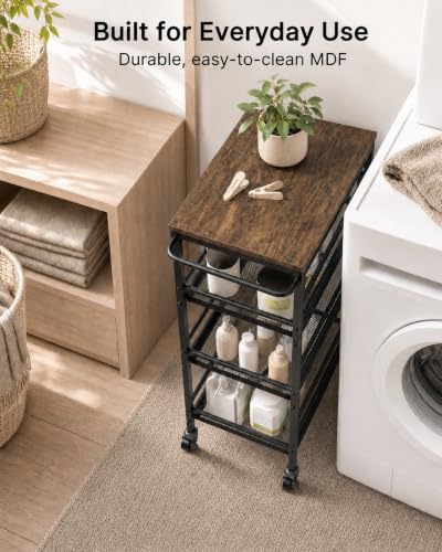 Pipishell Laundry Storage Cart with Wheels, Handle & Wood Top, Metal 4 Tier - image 3