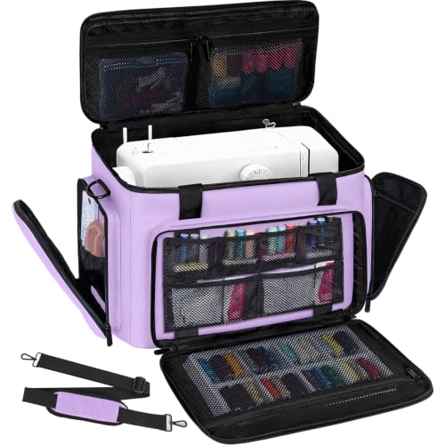 Image of Sewing Machine Carrying Case with Multiple Storage Pockets Large Capacity, Universal Tote Storage Bag Compatible with Most Standard Singer, Brother, Janome, Taro Purple
