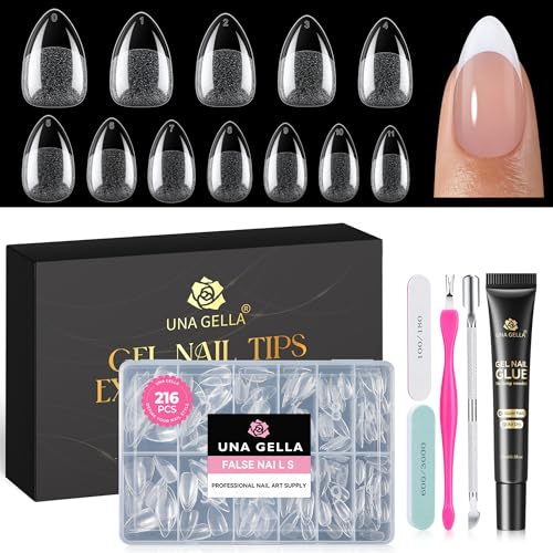 UNA GELLA Short Almond Gel Nail Tips Kit Strong No U V Lamp Needed Nail Tips and Glue Kit 216Pcs Pre-etched Soft Gel Fake Nails with Air Dry Nail Glue for Press On Nails & Beginners DIY Gift
