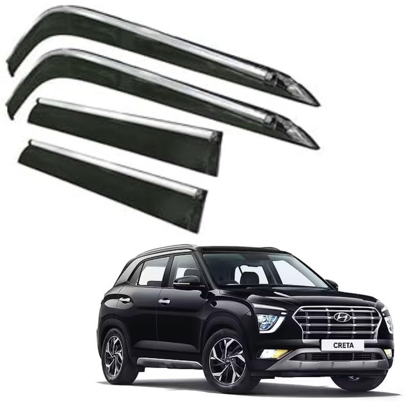 Image of CAR SAAZ Side Door Visors for Creta (2020-2024) (Set of 4Pcs)|Chrome Lined Rain Guards, Smoke Finish, Polycarbonate Wind Deflector