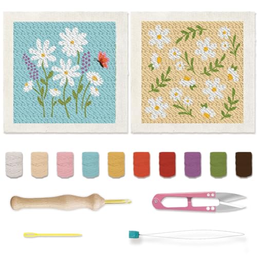 Image of BEUNITONE 2 Sets Daisy Flower Punch Needle Embroidery Starter Kits Flowers Plants Punch Needle Kit for Beginners Punch Embroidery Kits with Frame Instructions for Wall Painting Decor 9.4'' x 9.4''