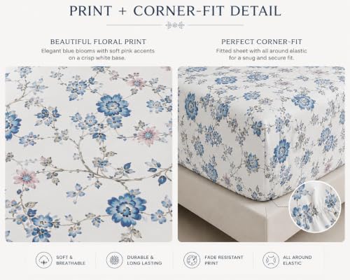 Image of Blue Strip Floral Fitted Bedsheet Set, White and Blue, 182 x 198 cm, with 2 Frill Pillow Covers, Double /Queen /King Bed