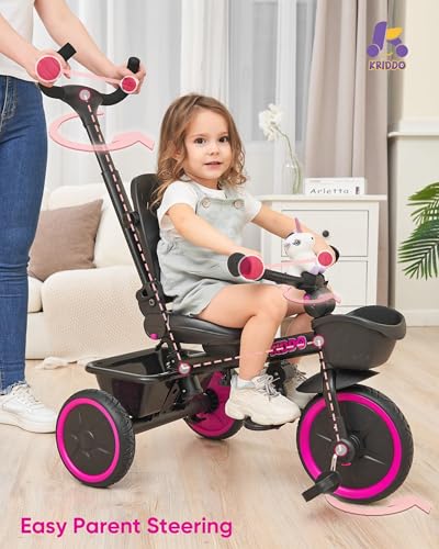 Image of KRIDDO 7-in-1 Tricycle Stroller for Toddlers 18 Months to 5 Years, Adjustable Push Handle, Rotatable Seat, Cup Holder and Retractable Canopy, Folding Baby Trike w /Detachable Guardrail, Footrest, Pink