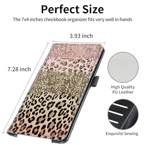 Image of FUYOCWE Leather Checkbook Covers for Men Women Check book Holder Cover Wallets for Personal Checkbook Duplicate Checks with RFID Blocking & Elastic Strap-Pink Gold Leopard print