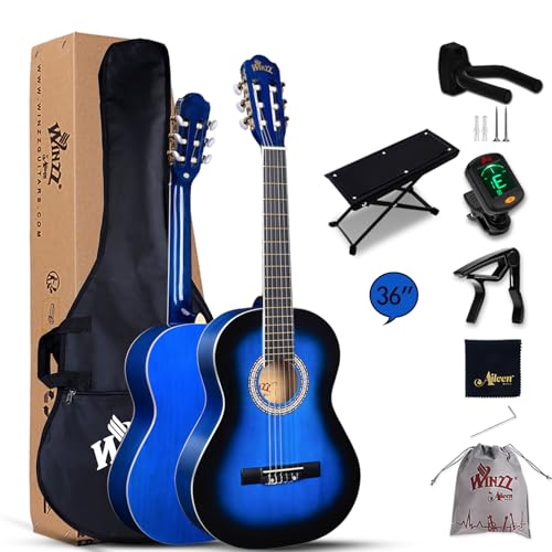 Winzz Konzertgitarre 3/4, Klassische Gitarre Anfänger Set für Kinder - Blau Glänzend (36 Zoll)