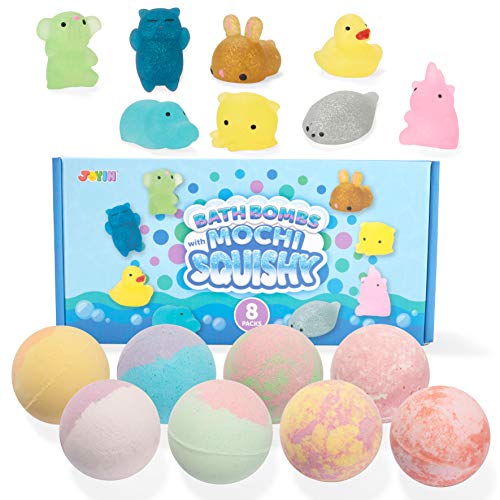 Bath Bombs with Glitter Mochi Squishy for Kids, 8 Packs Bubble Bath Bombs with Surprise Toy Inside, Natural Essential Oil SPA Bath Fizzies Set, Kids Safe Birthday Gift for Boys and Girls