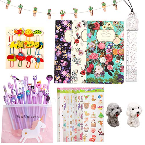 NEI 49 Pcs Animal Stationery Set,Cute Stationery for Girls Black Gel Pen Set Unicorn Pencil Case Notebook Ruler Eraser Sticker Stationary Gift for Children
