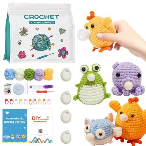 Crochet Kits for Beginners 4pcs Crochet Animal Kit with Yarn Crochet Hooks Set Step-by-Step Video Instructions DIY Crochet Starter Kit for Crafts and Gifts