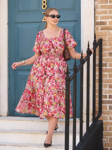 Image of RITERA Plus Size Dresses for Curvy Women Square Neck Short Sleeve Summer Floral Smocked Maxi Dress with Pocket XL-5XL