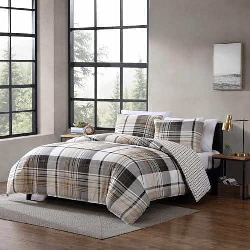 Image of Eddie Bauer- Twin Duvet Cover Set, Reversible Microsuede Bedding Set with Matching Sham, Dorm Essentials (Normandy Plaid Black /Brown)