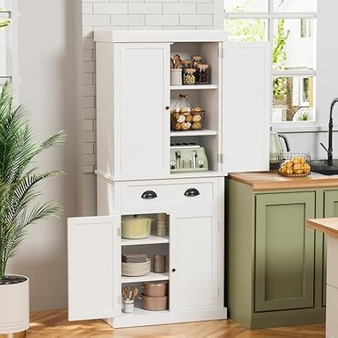 YESHOMY 72" Tall Kitchen Pantry, Freestanding Storage Cabinet, Cupboard with Drawer and Adjustable Shelves, for Dining Room, Bathroom, Milk White Cover