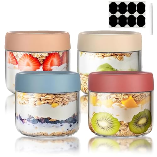 Overnight Oats Jar, 4 Pcs Glass Container with Sealed Screw Lid, 11 Oz Wide-Mouthed Sealed Food Storage Container, Mason Salad Jar is Used to Store Grains, Yogurt, Fruits, Candies, and Jams.