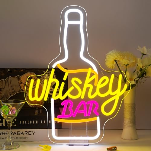 Image of Whiskey Bar Neon Sign for Wine Decor Neon Beer Signs for Party Decor LED Wine Bottle Light Up Bar Pub Lounge Man Cave Wall Art Alcohol Gifts for Beer Lover Bartender