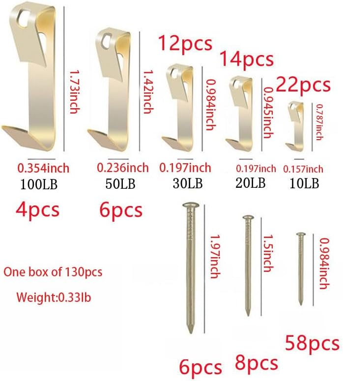 Picture Hangers Holds 10-100lb, 130pcs Picture Hanging Kit, Drywall Wooden Wall Picture Hanging Nails