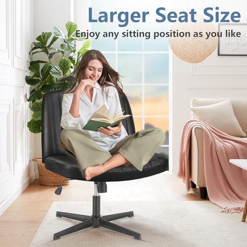 Image of DUMOS Criss Cross Chair No Wheels, Wide Seat Cross Legged Office Desk Vanity Chair, Faux Leather Armless Height Adjustable Swivel Task Computer Chairs for Home, Study, Black PU