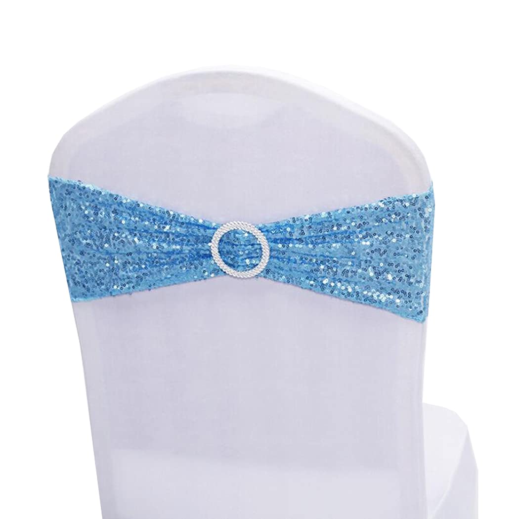 iEventStar Sequin Strech One-Sided Chair Bands Chair Sashes Front Side Sequin Wedding Party Event Decoration 10pcs (Light Blue, 10)