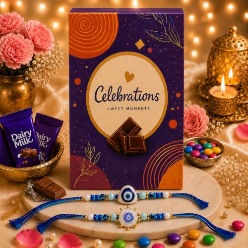 Image of Frostick Rakhi Combo for Brother with 2 Evil Eye Rakhis Chocolates Roli Chawal Greeting Card and Gift Box Ideal for Raksha Bandhan Festival Gifting