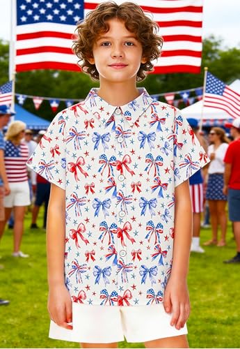 Image of 4th of July Shirts for Girls Boys American Patriotic Tshirt Kids Hawaiian Button Down Tops