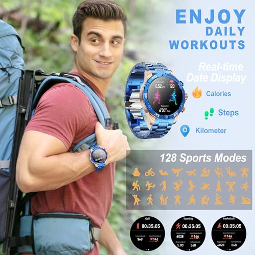Men's Smart Watch Round HD 1.53" Gold Blue Smart Watches for Men, Multiple Sports Modes, Bluetooth Voice Call. Available for iOS and Android - Image 6
