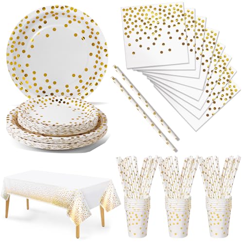 Nkaiso Vajilla de Fiesta,126 Piezas Blanco Puntos Dorados Set de Juego de Platos y Cubiertos, cubertería de cartón, Vasos y servilletas,para cumpleaños,Aniversarios (25 Invitados)