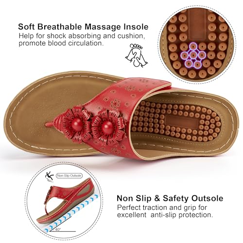 Image of Ecetana Womens Wedge Flip Flops: Orthopedic Cushion Non Slip Sandals - Comfortable Walking for All Day - Stylish Flower Adjustable Thong Sandals for Summer Casual Outing