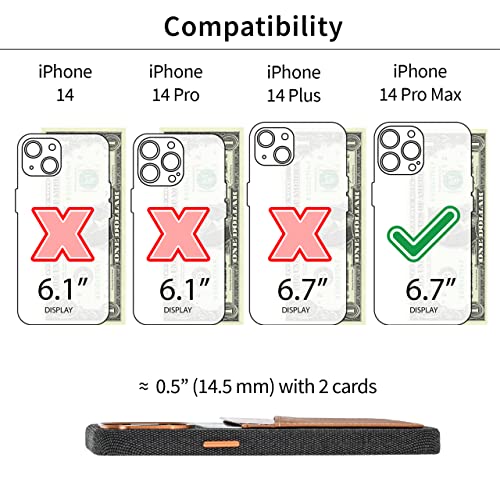 Image of Dockem iPhone 14 Pro Max Fabric Card Case with Built-in Metal Plate for Magnetic Mounting, Stitched-on Genuine Leather Wallet with 2 Credit Card /ID Slots: M2F 14 Pro Max [Grey w /Light Brown]