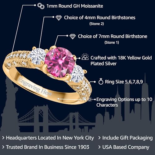 Gem Stone King 18K Yellow Gold Plated Silver Customized and Personalized 7MM and 4MM Round Gemstone Birthstone and White Moissanite Engagement Ring For Women2