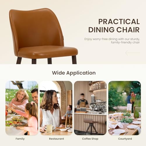 Image of Wooden Dining Chairs Set of 6, Upholstered Kitchen Dining Room Chair, Modern Faux Leather Farmhouse Dinner Chair for Restaurant & Cafe, Light Brown