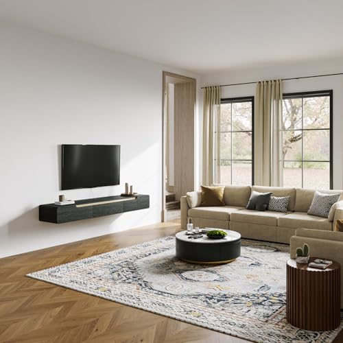 Image of POVISON Black TV Stand 78.74 inch, Modern TV Cabinet Wall-Mounted with 3 Drawers Entertainment Center, Fully-Assembled