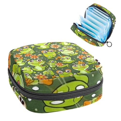 Sanitary Napkin Storage Bag for Feminine Pads, First Period Kit for Women, Funny Cartoon Frogs with Lotus Flowers Portable Menstrual Period Sanitary Pouch