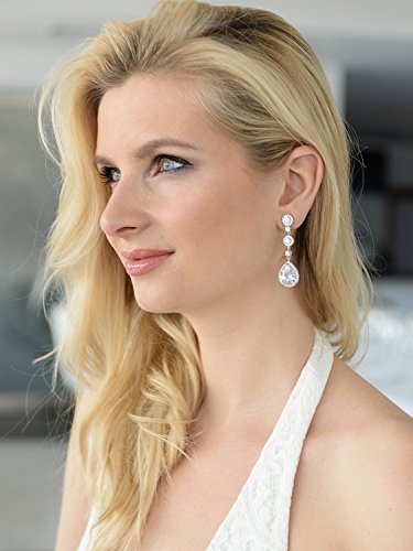 Mariell's Pear-Shaped Cz Teardrop Dangle Platinum Plated Clip-On Wedding Earrings For Brides #TOP2