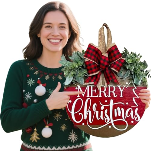 Merry Christmas Door Hanger Sign for Front, Chrismas Welcome Wooden Wreaths Sign with Bow for Winter Farmhouse Garden Porch Decorations (Merry Christmas Wreath)