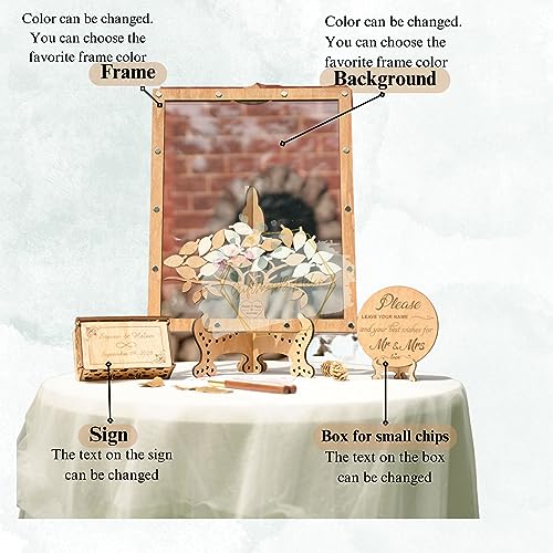 Image of Personalized Maple Tree Wedding Guest Book Alternative, Fall Leaf Drop Box | Rustic fall wedding guest book alternative; guests drop wooden leaf hearts into personalized maple tree keepsake box