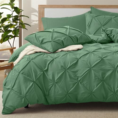 VACVELT 5PC Sage Green Pintuck Duvet Cover King, Zipper & Ties
