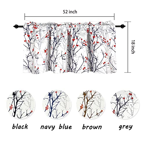 4 Panels Blackout Curtain Valances For Kitchen Windows - Tree Branches Red Cherry Printed Short Valances For Bedroom/Living Room/Bathroom/Farmhouse/Laundry With Rod Pocket 52 X 18 Inches Long, Grey #TOP1