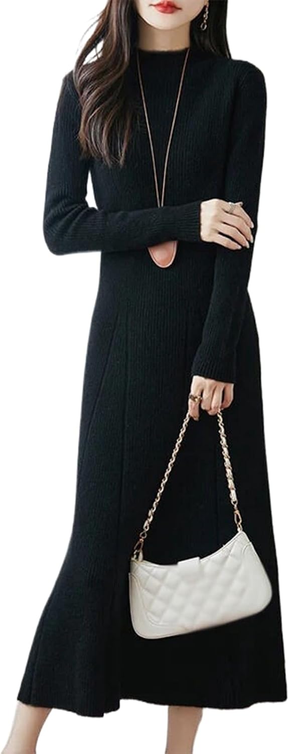 Cashmere Sweater Knitted Long Dress Wool Women Turtleneck Office Dresses Autumn Winter