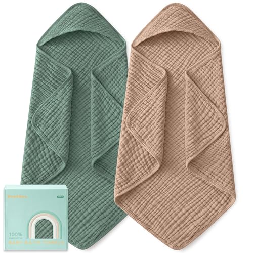 Image of Yoofoss Hooded Baby Towels for Newborn 2 Pack 100% Muslin Organic Cotton Baby Bath Towel with Hood for Babies, Infant, Toddler and Kids, Large 32x32Inch, Soft and Absorbent Newborn Essential
