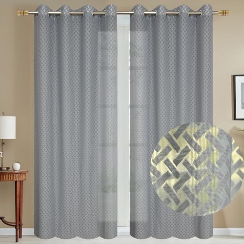 Image of Sheer Net Semi Transparent Home Decor Curtains for Living Room, Balcony Doors and Windows Panel, Parda, Eyelets Hanging, Grey Criss-Cross, 4 x 5 Feet, Pack of 2
