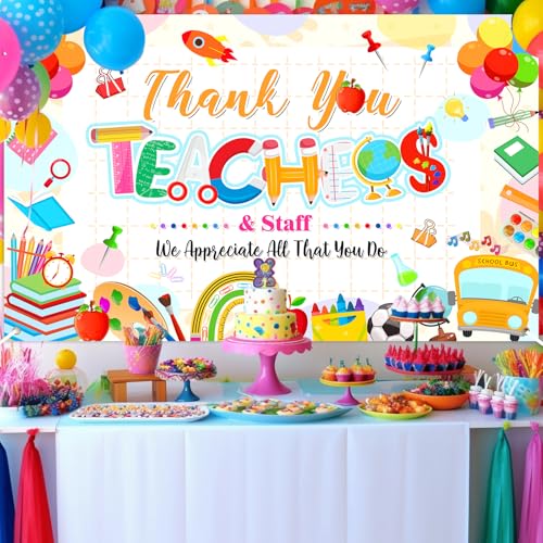 Mocsicka Thank You Teachers Banner 6x3.6ft Thank You Teachers Backdrop Teacher Appreciation Week Party Supplies (White)