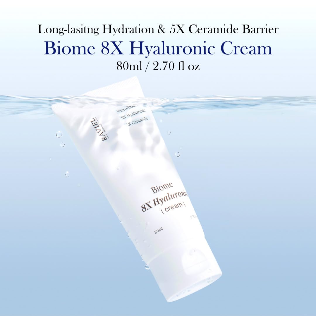 RAVIEL Crema de ácido hialurónico Biome 8X, hidratación duradera y 5 x ceramida barrera hidratante para pieles sensibles, cuidado diario de la piel coreana (80 ml)