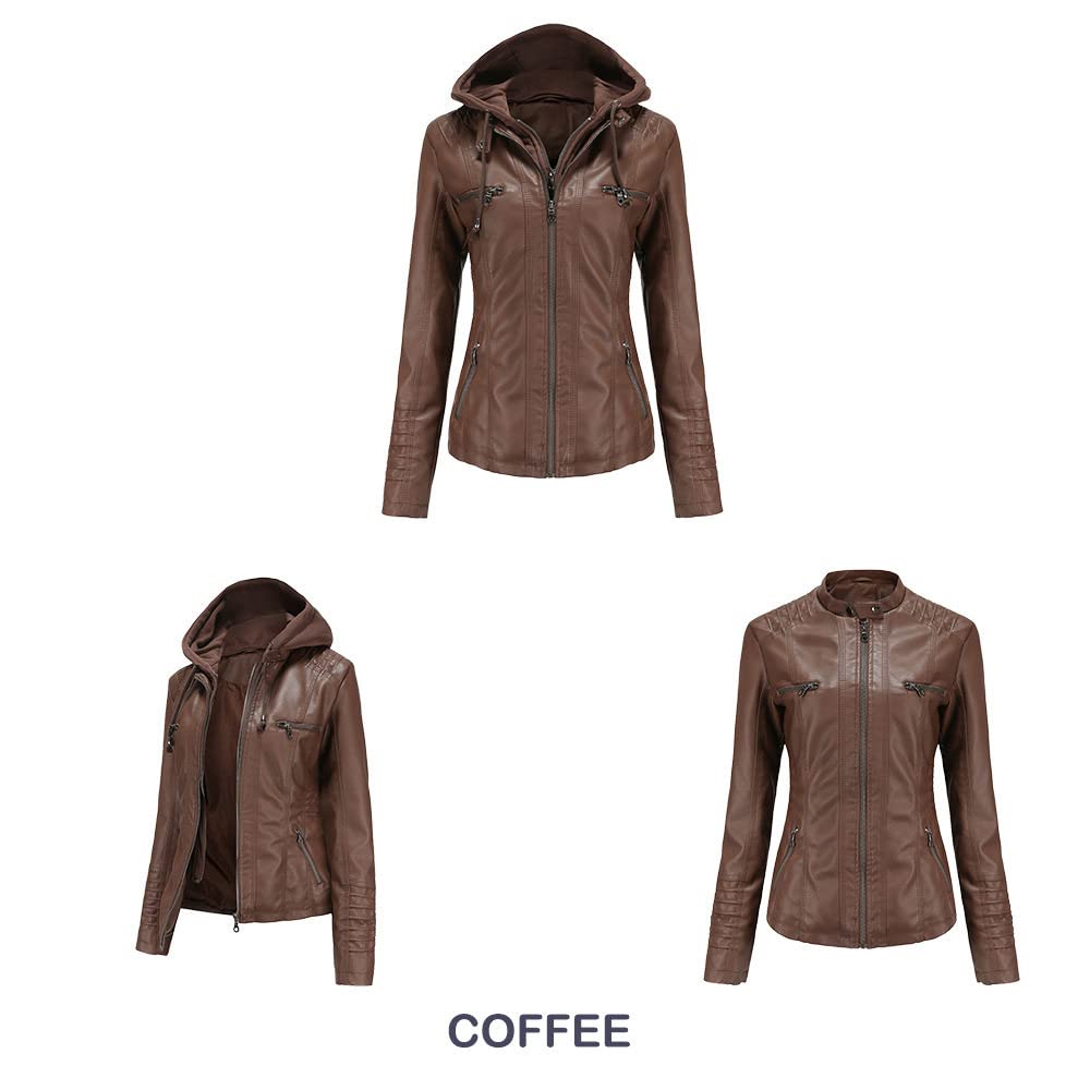 Lederjacke,Damen Kunstlederjacke Dunkelbraun Abnehmbare Kapuze Stehkragen Druckknopf Doppelreißverschluss Vintage Langarm Kurz Slim Fit Moto Biker Pu Mantel Bomber Motorrad Outwear Frühling Herbst