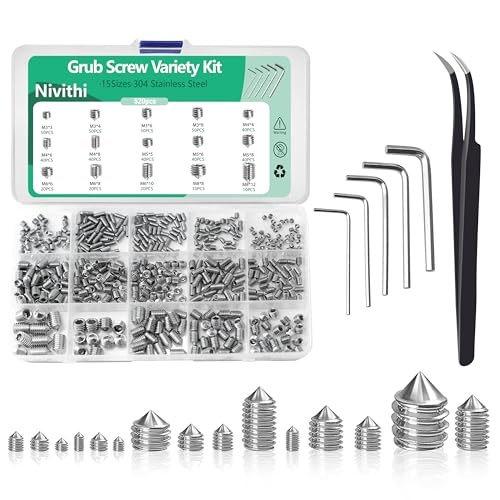 Nivithi 六角穴付止めネジ イモネジセット 内側六角グラブ 304ステンレス鋼 15種類520個 M3 M4 M5 M6 M8 接続用 修理ツール 六角レンチ5本付き とがり先 5本付き GS1