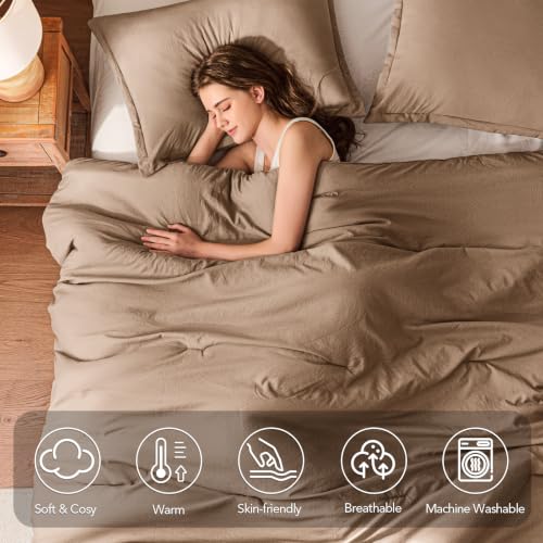 Image of Quataly California King Comforter Set Prewashed Lightweight Quilted Bedding | 3PCS Taupe Brown Breathable Down Alternative Bedding Set with 1 Solid Comforter (104 inchx96 inch) and 2 Soft Pillowcases