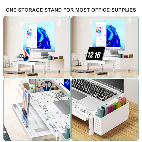 Image of WALI Computer Monitor Stand with Storage, Desk Organizer with Drawer and Pen Holder, Desk Monitor Riser 3 Height Adjustable, Laptop Riser for Computer, Laptop, Printer(PTT003-M), 1 Pack, Marble